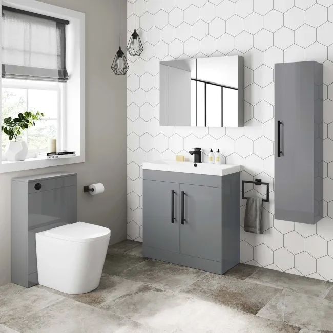 Avon Stone Grey Wall Hung Tall Cabinet Unit 1200x300mm - Black Accents