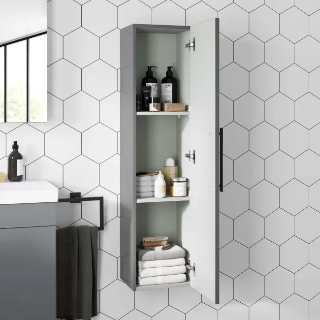 Avon Stone Grey Wall Hung Tall Cabinet Unit 1200x300mm - Black Accents