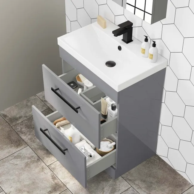 Avon Stone Grey Basin Drawer Vanity 600mm - Black Accents