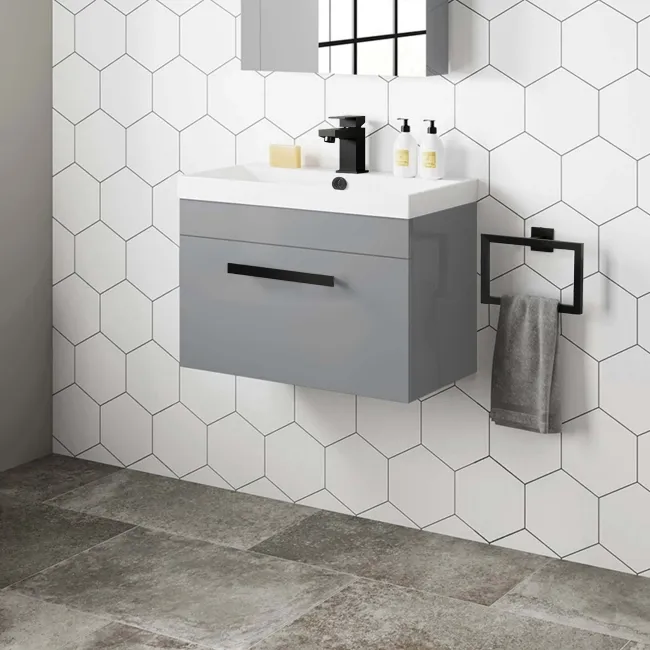 Avon Stone Grey Wall Hung Basin Drawer Vanity 600mm - Black Accents