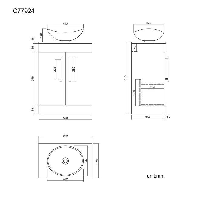 Avon Stone Grey Vanity with Oval Counter Top Basin 600mm - Black Accents