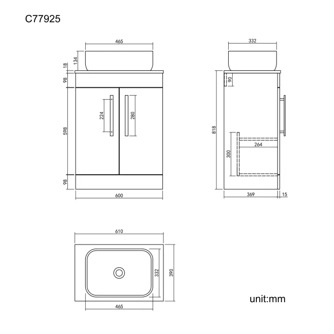 Avon Stone Grey Vanity with Curved Counter Top Basin 600mm - Black Accents