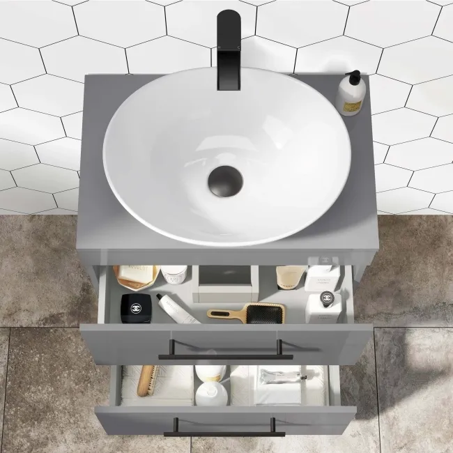Avon Stone Grey Vanity Drawer with Oval Counter Top Basin 600mm - Black Accents