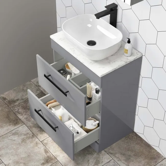 Avon Stone Grey Vanity Drawer with Marble Top & Curved Counter Top Basin 600mm - Black Accents