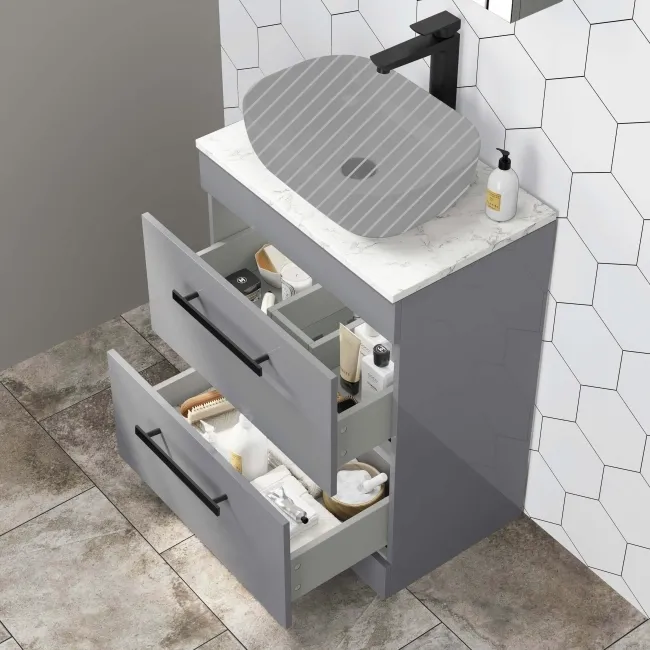 Avon Stone Grey Counter Top Vanity Drawer with Marble Top 600mm - Black Accents