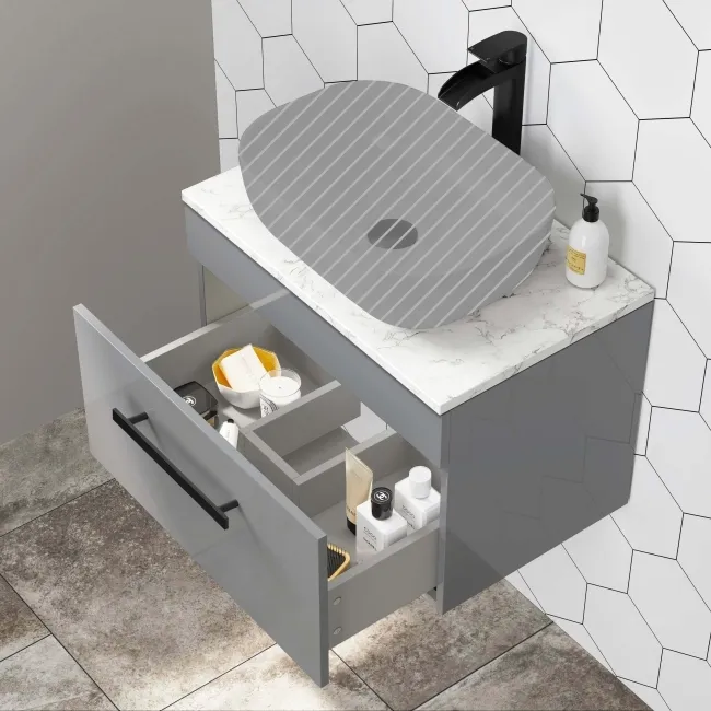 Avon Stone Grey Wall Hung Counter Top Vanity with Marble Top 600mm - Black Accents