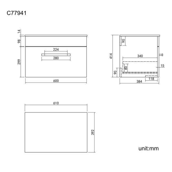 Avon Stone Grey Wall Hung Counter Top Vanity with Marble Top 600mm - Black Accents