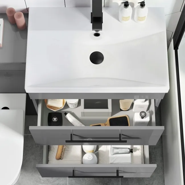 Avon Stone Grey Combination Basin Drawer and Aruba Toilet 1100mm - Black Accents