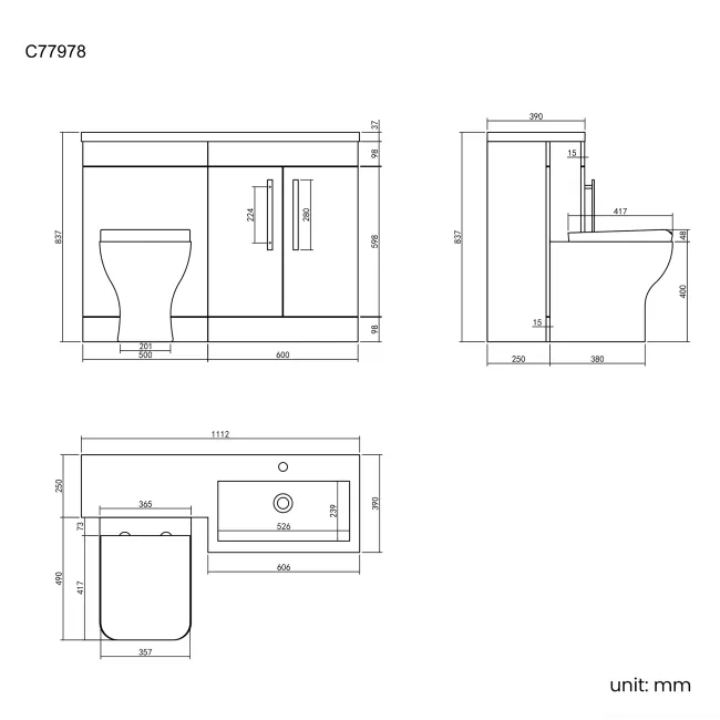 Avon Stone Grey Combination Vanity Basin and Atlanta Toilet 1100mm - Black Accents - Right Handed