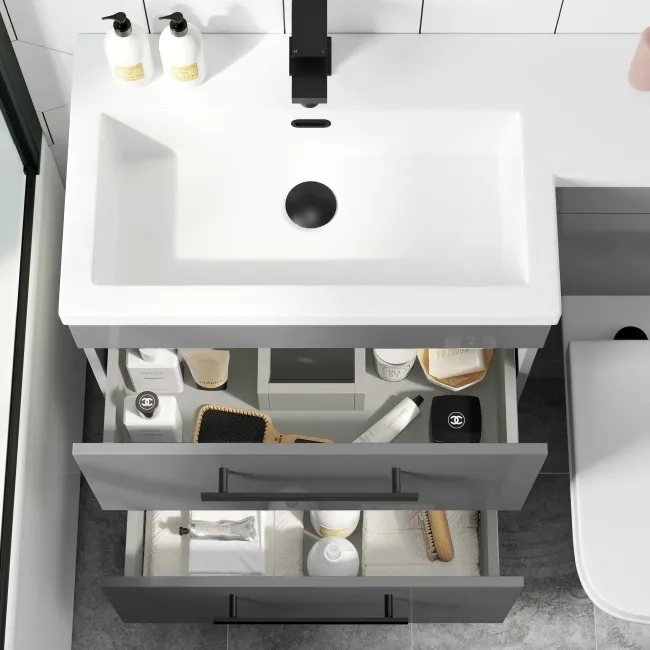 Avon Stone Grey Combination Basin Drawer and Atlanta Toilet 1100mm - Black Accents - Left Handed