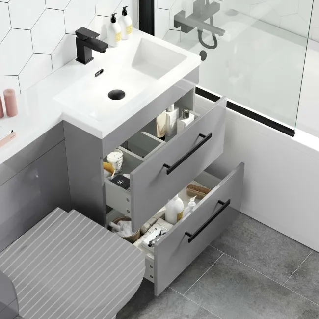 Avon Stone Grey Basin Vanity Drawer and Back To Wall Unit 1100mm - Black Accents - Right Handed