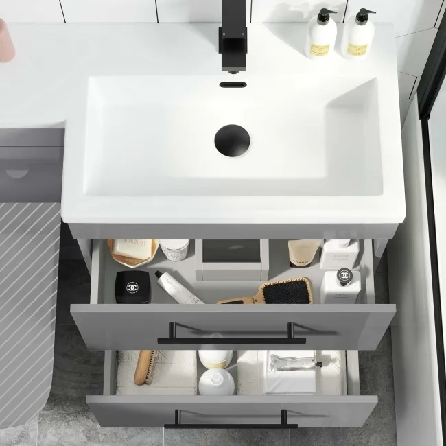 Avon Stone Grey Basin Vanity Drawer and Back To Wall Unit 1100mm - Black Accents - Right Handed