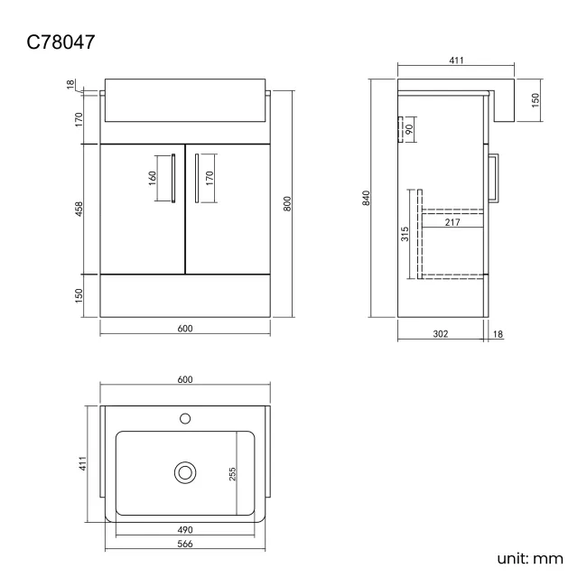 Harper Gloss White Vanity with Semi Recessed Basin 600mm - Black Accents