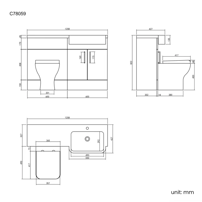 Harper Gloss White Combination Vanity Basin and Atlanta Toilet 1200mm - Black Accents - Right Handed