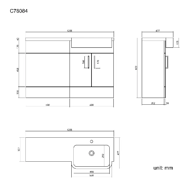 Harper Stone Grey Basin Vanity and Back To Wall Toilet Unit 1200mm - Black Accents - Right Handed