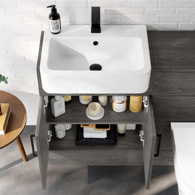 Harper Charcoal Elm Vanity with Semi Recessed Basin 600mm - Black Accents