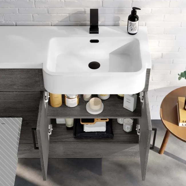 Harper Charcoal Elm Basin Vanity and Back To Wall Toilet Unit 1200mm - Black Accents - Right Handed