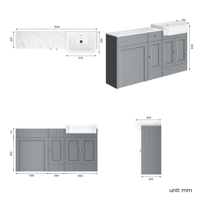 Monaco Dove Grey Combination Vanity Traditional Basin with Marble Top 1500mm (Excludes Pan & Cistern)