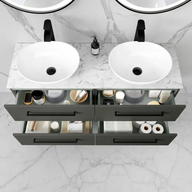 Elba Graphite Grey Double Wall Hung Drawer Vanity with Marble Top & Oval Counter Top Basin 1200mm - Black Accents
