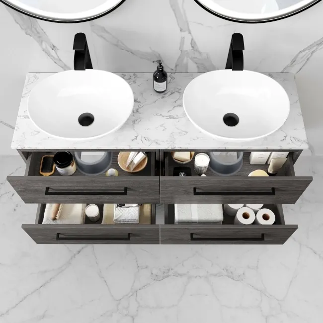 Elba Charcoal Elm Double Wall Hung Drawer Vanity with Marble Top & Oval Counter Top Basin 1200mm - Black Accents