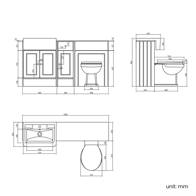 Monaco Dove Grey Combination Vanity Traditional Basin with Marble Top & Hudson Toilet with Wooden Seat 1500mm