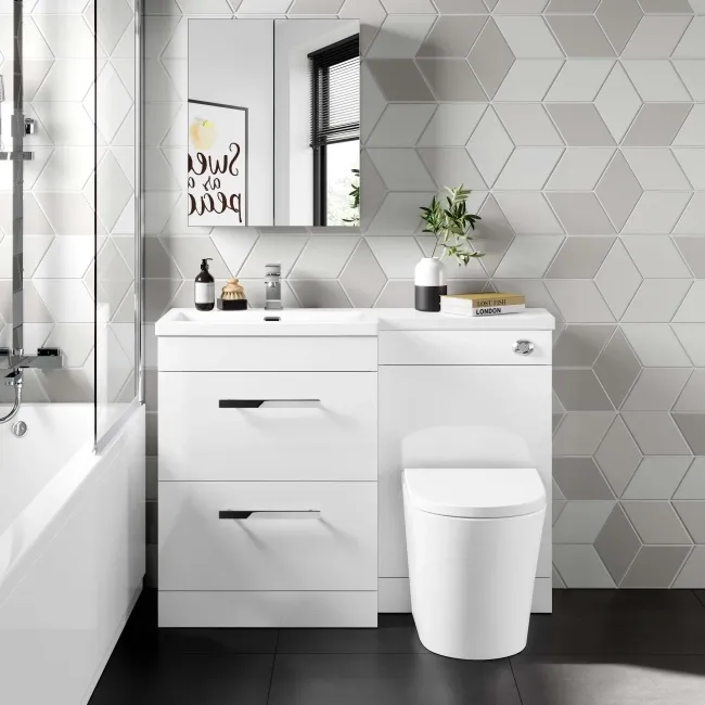 Avon Gloss White Combination Basin Drawer and Boston Toilet 1100mm - Left Handed