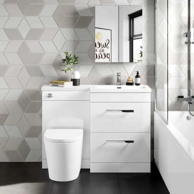 Avon Gloss White Combination Basin Drawer and Boston Toilet 1100mm - Right Handed
