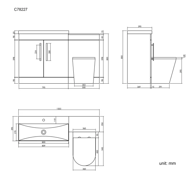 Avon Gloss White Combination Vanity Basin and Boston Toilet 1300mm - Black Accents