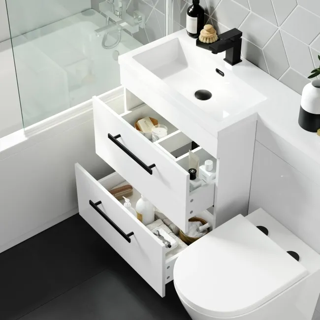 Avon Gloss White Combination Basin Drawer and Boston Toilet 1100mm - Black Accents - Left Handed