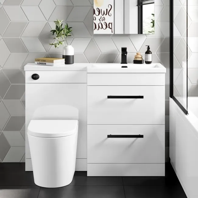 Avon Gloss White Combination Basin Drawer and Boston Toilet 1100mm - Black Accents - Right Handed