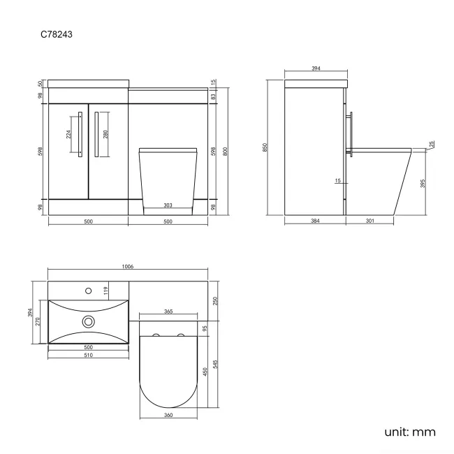 Avon Stone Grey Combination Vanity Basin and Boston Toilet 1000mm - Black Accents