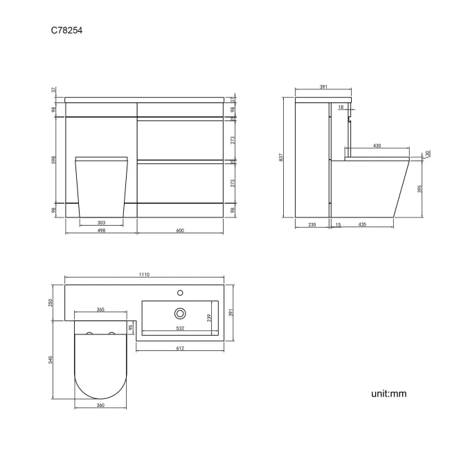 Trent Gloss White Combination Basin Drawer and Boston Toilet 1100mm - Right Handed