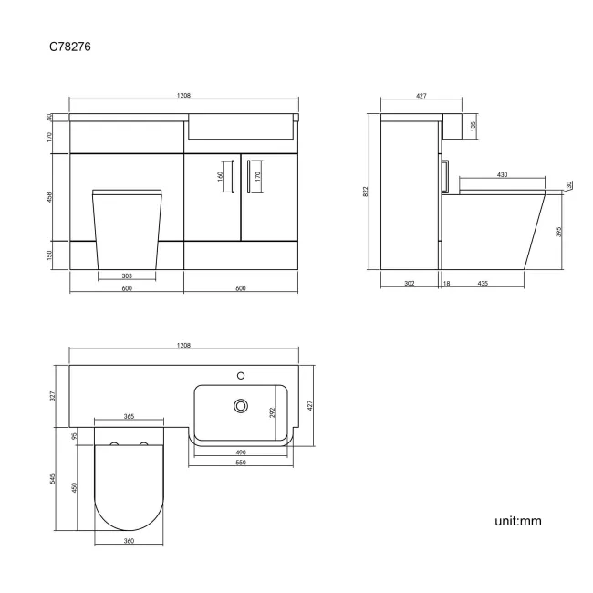 Harper Stone Grey Combination Vanity Basin and Boston Toilet 1200mm - Right Handed