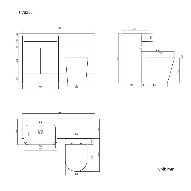 Foster Stone Grey Combination Vanity Basin and Boston Toilet 1200mm - Left Handed