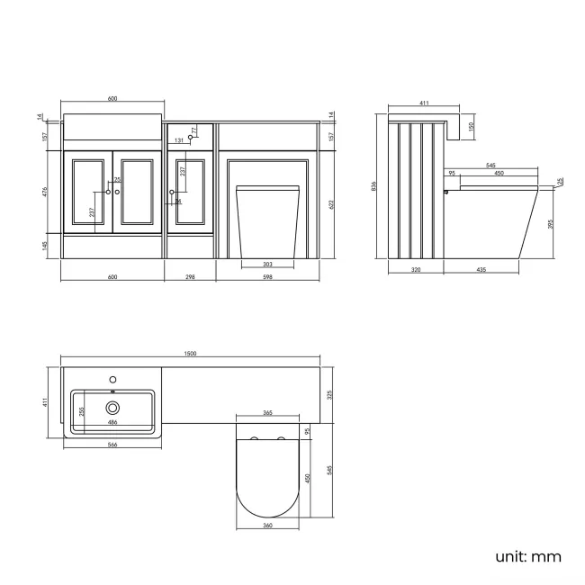 Monaco Dove Grey Combination Vanity Basin with Marble Top and Boston Toilet 1500mm