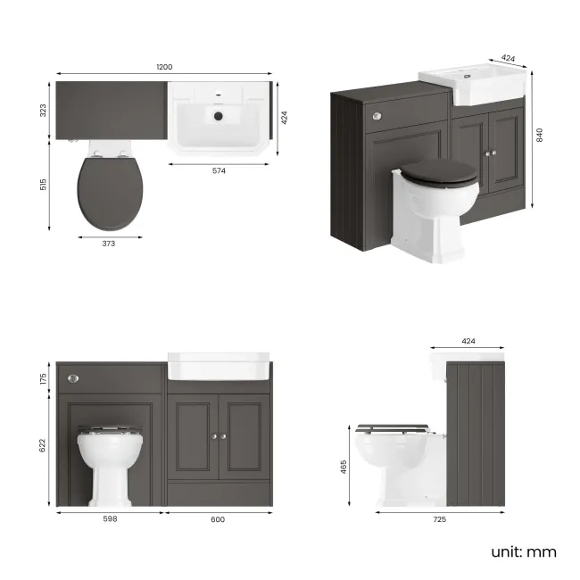 Monaco Graphite Grey Combination Vanity Traditional Basin and Hudson Toilet with Wooden Seat 1200mm