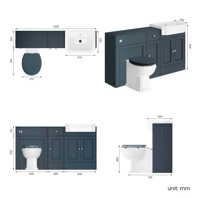 Monaco Inky Blue Combination Vanity Traditional Basin and Hudson Toilet with Wooden Seat 1500mm