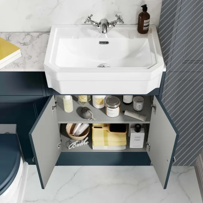 Monaco Inky Blue Combination Vanity Traditional Basin with Marble Top & Hudson Toilet with Wooden Seat 1200mm