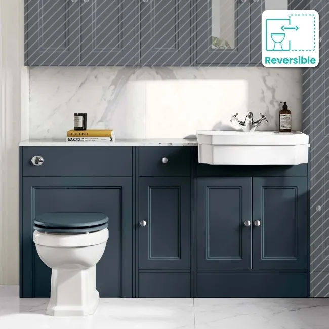 Monaco Inky Blue Combination Vanity Traditional Basin with Marble Top & Hudson Toilet with Wooden Seat 1500mm