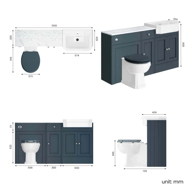 Monaco Inky Blue Combination Vanity Traditional Basin with Marble Top & Hudson Toilet with Wooden Seat 1500mm