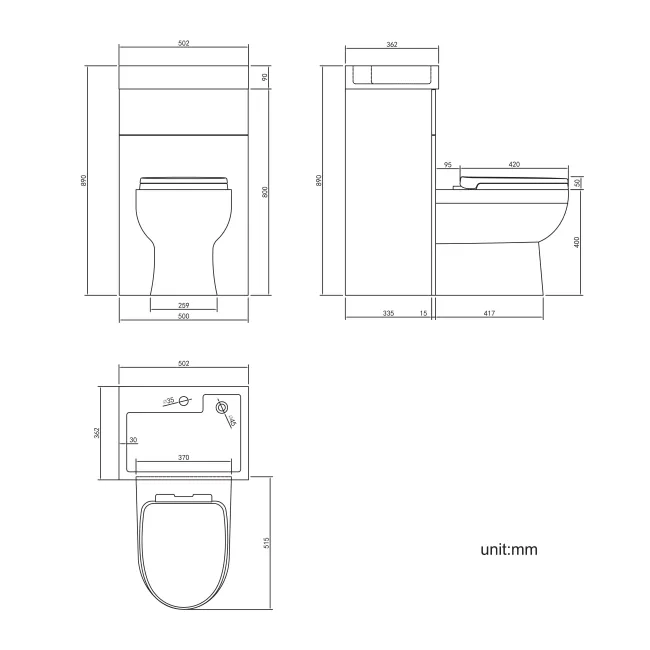Ohio Gloss White 2-In-1 Combined Wash Basin & Seattle Toilet 500mm