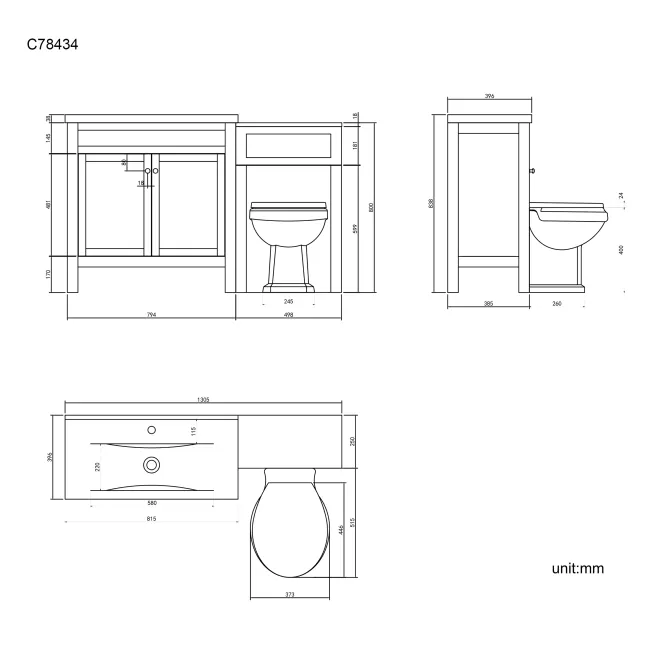 Bermuda Chalk White Combination Vanity Basin and Hudson Toilet with Wooden Seat 1300mm
