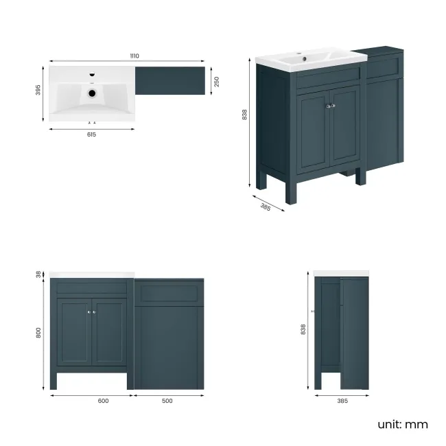 Bermuda Inky Blue Basin Vanity Drawer and Back To Wall Toilet 1100mm (Excludes Pan & Cistern)