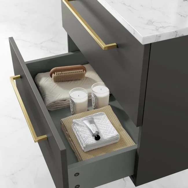 Elba Graphite Grey Wall Hung Drawer 600mm Excludes Counter Top Basin - Brushed Brass Accents