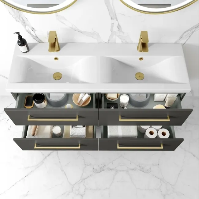 Elba Graphite Grey Wall Hung Double Basin Drawer Vanity 1200mm - Brushed Brass Accents