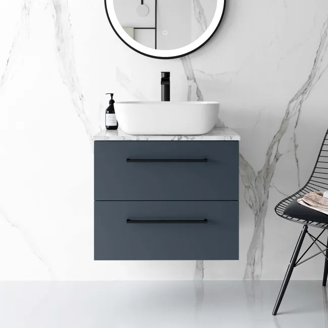 Elba Inky Blue Wall Hung Drawer Vanity with Marble Top & Curved Counter Top Basin 600mm - Black Accents