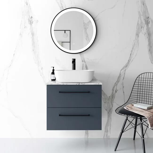 Elba Inky Blue Wall Hung Drawer Vanity with Marble Top & Curved Counter Top Basin 600mm - Black Accents