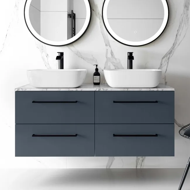 Elba Inky Blue Double Wall Hung Drawer Vanity with Marble Top & Curved Basin 1200mm - Black Accents