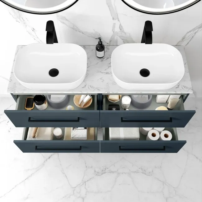 Elba Inky Blue Double Wall Hung Drawer Vanity with Marble Top & Curved Basin 1200mm - Black Accents