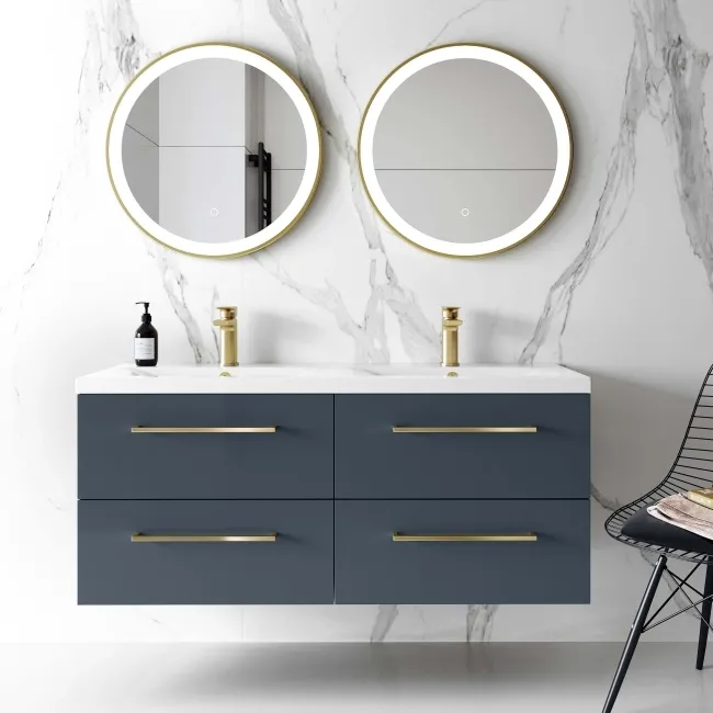 Elba Inky Blue Wall Hung Double Basin Drawer Vanity 1200mm - Brushed Brass Accents